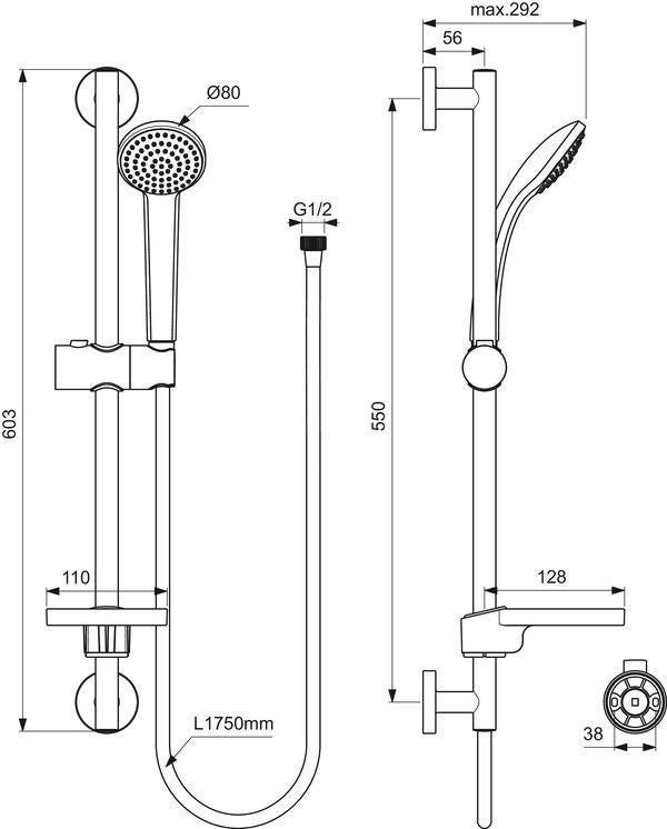 Ideal Standard Idealrain Brausekombination 600 mm mit 1-Funktionshandbrause d:80 mm Chrom