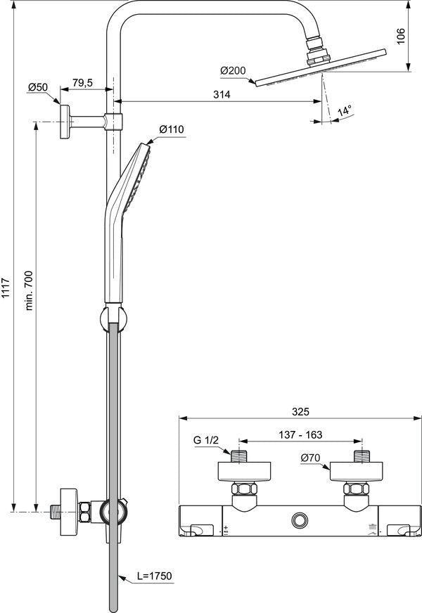 Ideal Standard Duschsystem Ceratherm T50 mit Brausethermostat und 1750 mm Schlauch in Chrom
