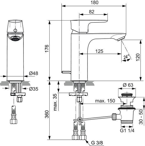 IDEAL STANDARD Connect Air Waschtischarmatur 125 mm mit Ablaufgarnitur – Chrom, 5 l/min, Einhandhebelmischer