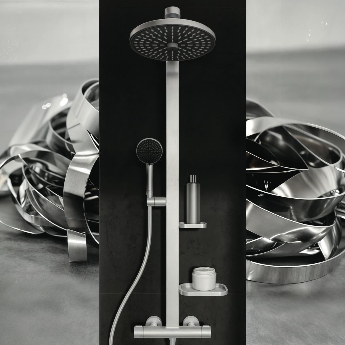 Ideal Standard Duschsystem Ceratherm Alu+ mit Thermostat, Kopf- und Handbrause, 2 Ablagen, Silber