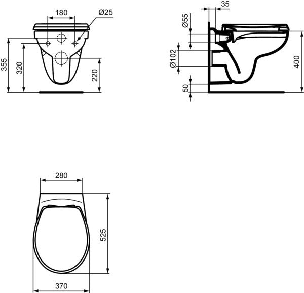 Ideal Standard Eurovit Wand-T-WC-Kombipaket – randlos, mit SoftClosing-Sitz, 370x525x395 mm, Weiß