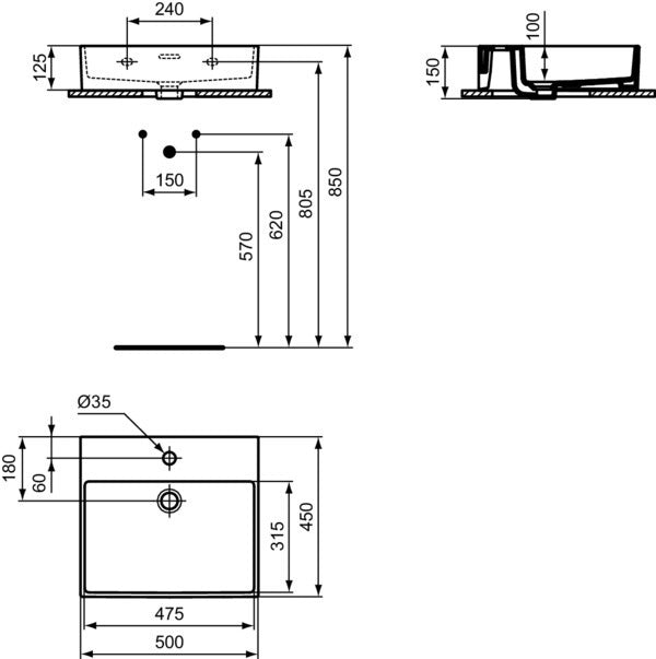 Ideal Standard Extra Aufsatzwaschtisch 500x450mm Weiß mit Überlauf und 1 Hahnloch