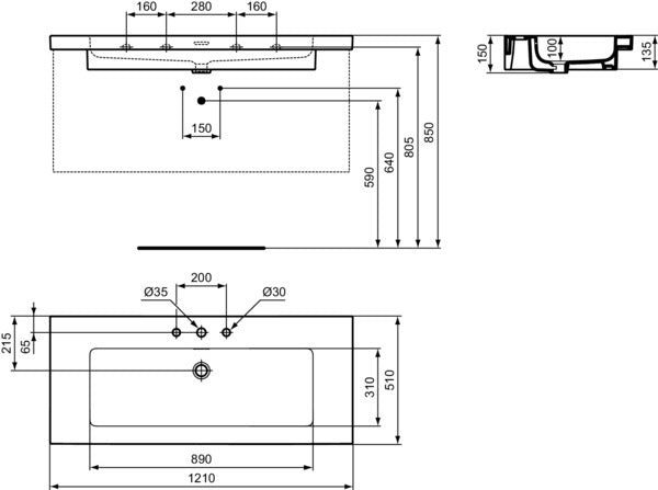 IDEAL STANDARD Extra Möbelwaschtisch 1210 mm, 3 Hahnlöcher, mit Überlauf, Weiß
