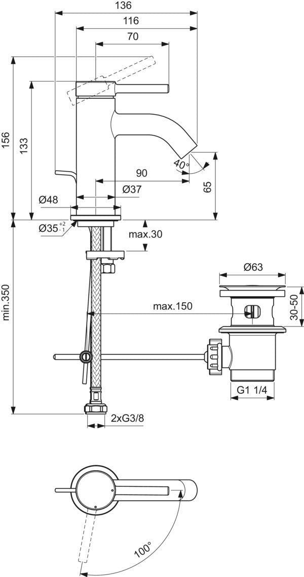 Ideal Standard Ceraline Nuovo Waschtischarmatur H65 mit Ablaufgarnitur BlueStart Chrom