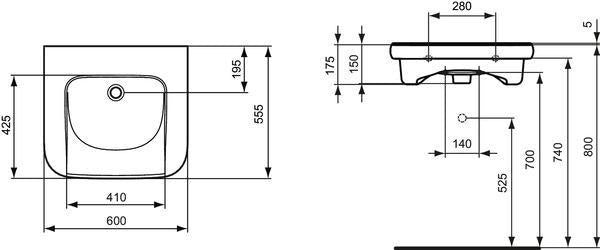 Ideal Standard Contour 21 Waschtisch 600 mm weiß, unterfahrbar, ohne Hahnloch