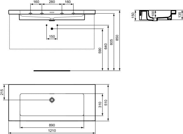 IDEAL STANDARD Extra Möbelwaschtisch 1210x510x150 mm Weiß ohne Hahnloch