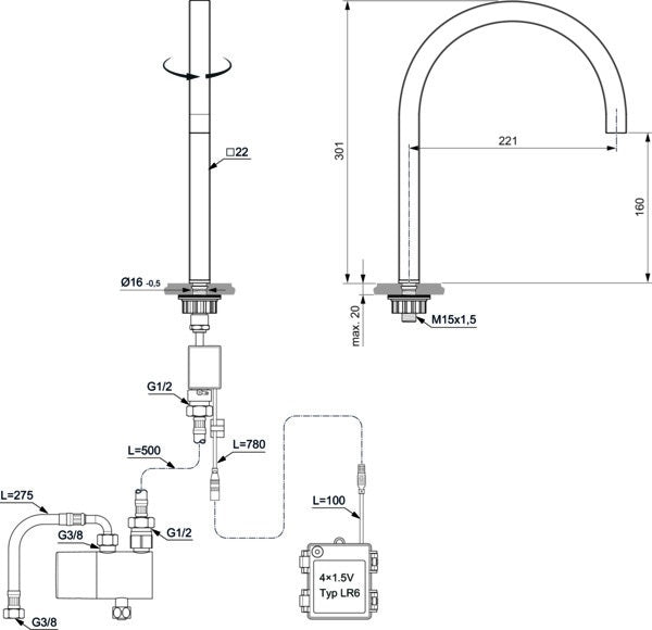 Ideal Standard Solos Berührungslose Waschtischarmatur mit Batteriebetrieb, eckig, Chrom