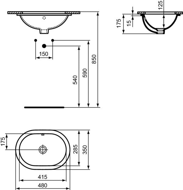 Ideal Standard Unterbauwaschtisch Connect oval 480x350 mm ohne Hahnloch mit Überlauf Weiß
