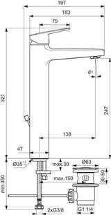 Ideal Standard Ceraplan H250 Waschtischarmatur mit Ablaufgarnitur, 138 mm Ausladung, Chrom