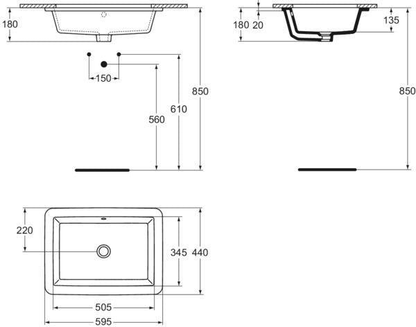 Ideal Standard Strada Unterbauwaschtisch 595x435x170mm Weiß ohne Hahnloch mit Überlauf