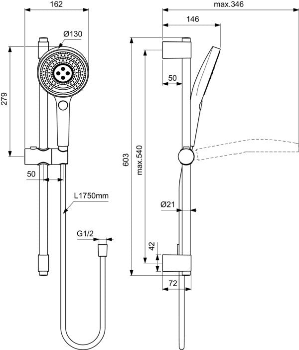 Ideal Standard Idealrain Solos Brausekombination 603 mm mit Handbrause und Schlauch – Silver Storm