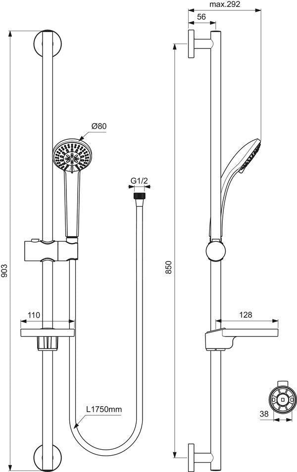 IDEAL STANDARD Idealrain Brausekombination 600 mm mit 3-Funktionshandbrause d:80 mm Chrom