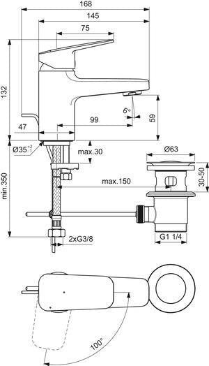 Ideal Standard Ceraplan Waschtischarmatur H60 mit Ablaufgarnitur, Ausladung 99 mm, BlueStart, Chrom