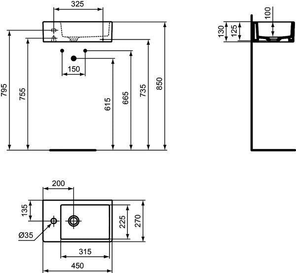 Ideal Standard Handwaschbecken Strada 450x270x130mm, 1 Hahnloch links, ohne Überlauf, Weiß