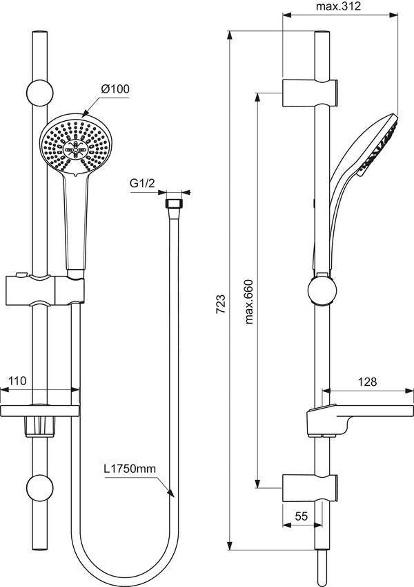 Ideal Standard Idealrain Brausekombination 600 mm mit 3-Funktionshandbrause, Chrom