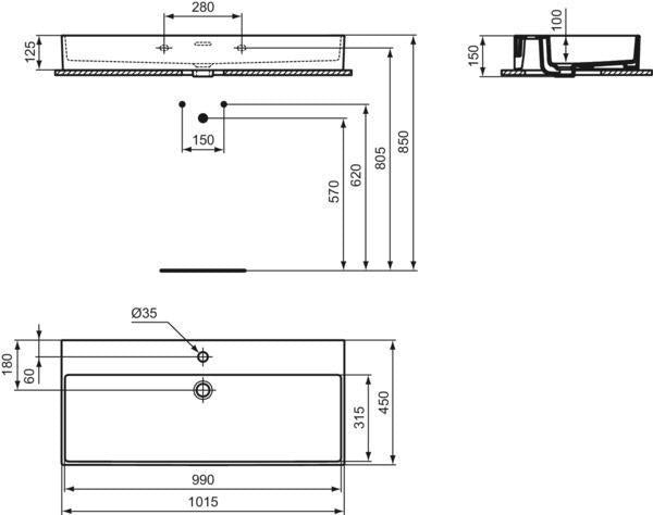 Ideal Standard Waschtisch Extra 1015 mm, 1 Hahnloch, mit Überlauf, geschliffen Weiß