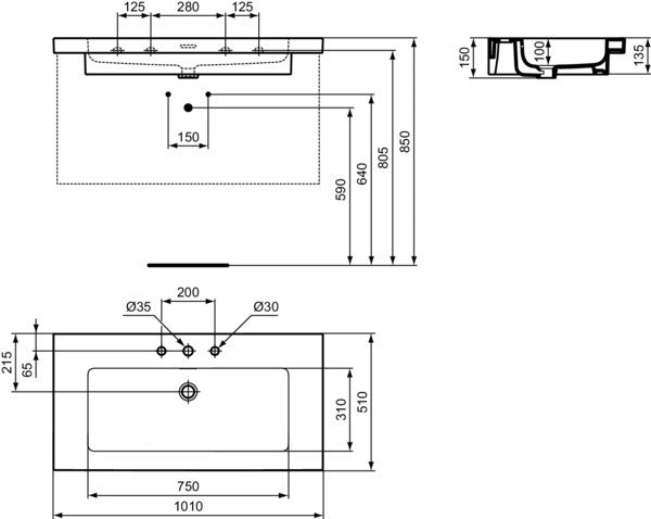Ideal Standard Extra Möbelwaschtisch 1010 mm, 3 Hahnlöcher, mit Überlauf, Weiß
