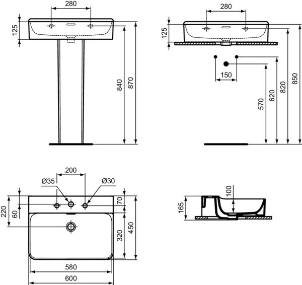 Ideal Standard Conca Aufsatzwaschtisch 600x450x165 mm, 3 Hahnlöcher, mit Überlauf, Weiß