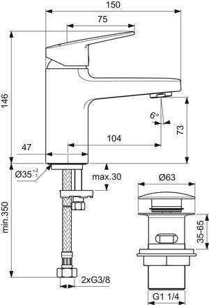 Ideal Standard Ceraplan Waschtischarmatur mit Push-Open Ablaufgarnitur, Chrom, 104 mm Ausladung