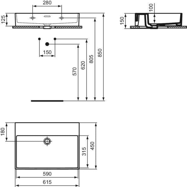 Ideal Standard Waschtisch Extra 615 mm ohne Hahnloch mit Überlauf Weiß