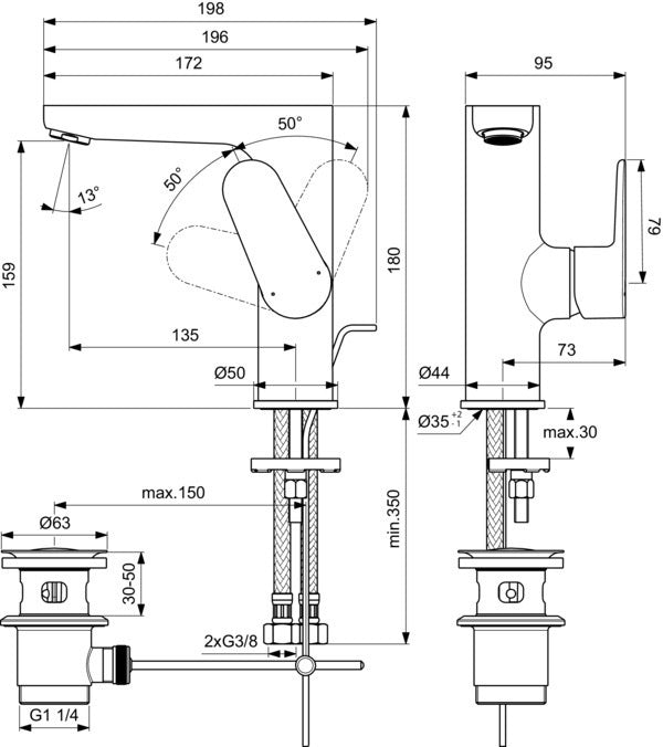 Ideal Standard Cerafine O Waschtischarmatur H155 mit Ablaufgarnitur, Chrom
