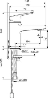 IDEAL STANDARD Ceraplan Waschtischarmatur H75 Chrom mit Kette, 104 mm Ausladung, ohne Ablaufgarnitur