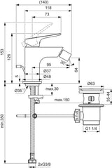 IDEAL STANDARD Ceralife O Bidetarmatur Chrom 95 mm mit Ablaufgarnitur
