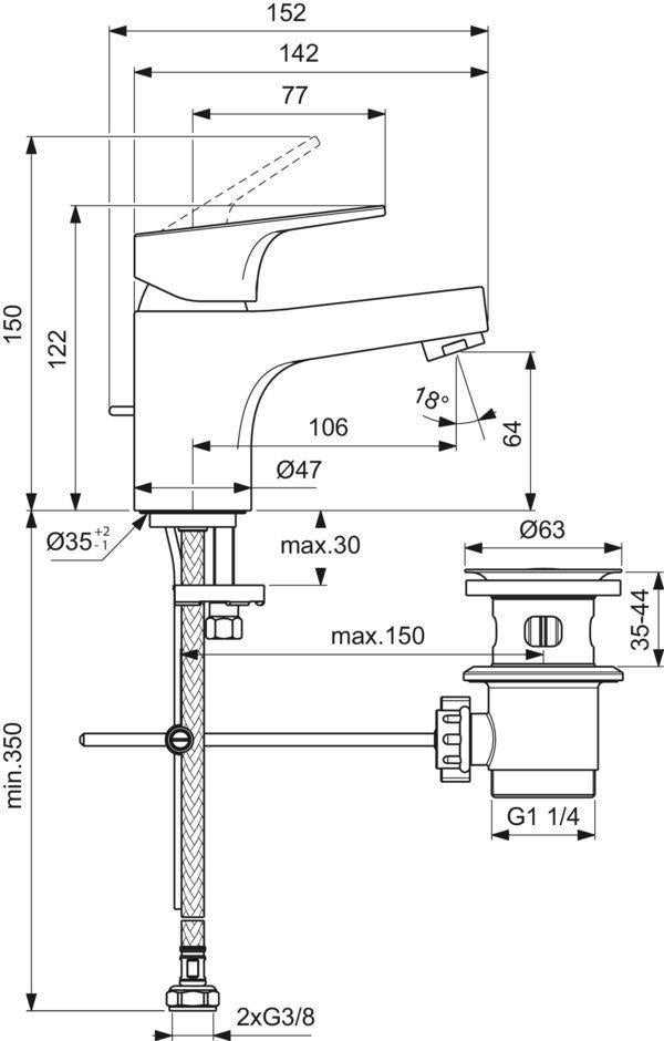 IDEAL STANDARD Cerabase Waschtischarmatur H60, Chrom, mit Metall-Ablaufgarnitur, 106 mm Auslauf