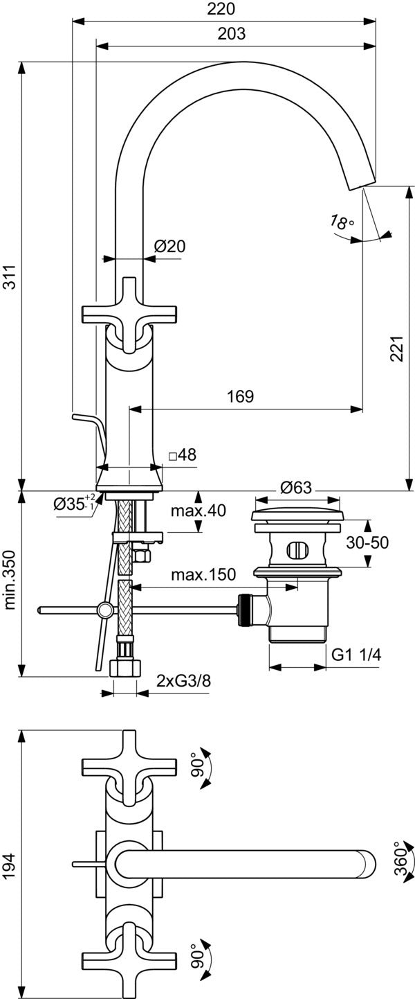 Ideal Standard Joy Neo Waschtischarmatur mit Ablaufgarnitur, Ausladung 169 mm, Kreuzgriffe, Chrom