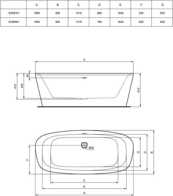 Ideal Standard Duo-Badewanne Dea freistehend 1900x900mm mit Ablauf und Überlauf in Weiß