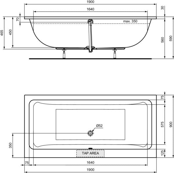 Ideal Standard Duo-Badewanne La Dolce Vita 2000x1000 mm Weiß – Rechteckige Einbauwanne mit 435 l Inhalt