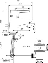 Ideal Standard Connect Blue Waschtischarmatur Piccolo, mit Ablaufgarnitur, Ausladung 96 mm, Chrom