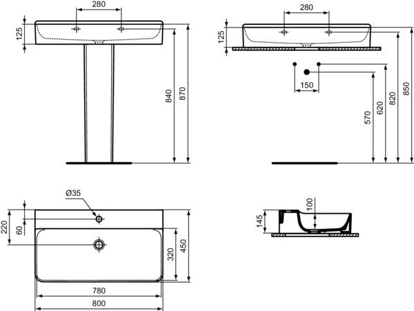 Ideal Standard Conca Aufsatzwaschtisch 800x450x145 mm, 1 Hahnloch, ohne Überlauf, geschliffen, Weiß
