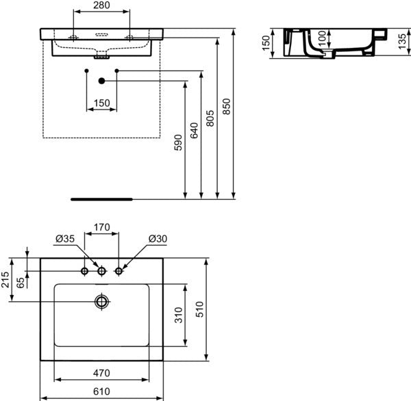 Ideal Standard Möbelwaschtisch Extra 610x510x150 mm Weiß mit 3 Hahnlöchern und Überlauf