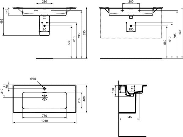 Ideal Standard Möbelwaschtisch Strada II, 1040x460x180 mm, 1 Hahnloch, Weiß