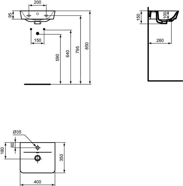 Ideal Standard Handwaschbecken Connect Air 400x350x150 mm Weiß mit Überlauf und 1 Hahnloch