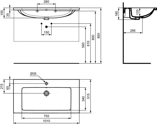 Ideal Standard i.life B Möbelwaschtisch 1010 mm, 1 Hahnloch, mit Überlauf, Weiß