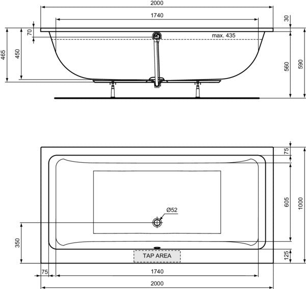 Ideal Standard Duo-Badewanne La Dolce Vita 2000x1000 mm Weiß – Rechteckige Einbauwanne mit 435 l Inhalt