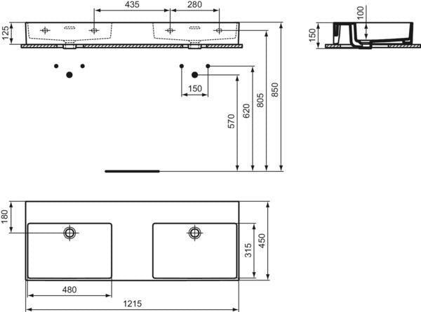 Ideal Standard Doppelwaschtisch Extra 1215 mm ohne Hahnloch mit Überlauf Weiß