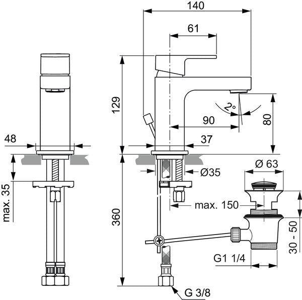 Ideal Standard Edge Waschtischarmatur Chrom 90 mm mit Ablaufgarnitur und Heißwasser-Sparfunktion