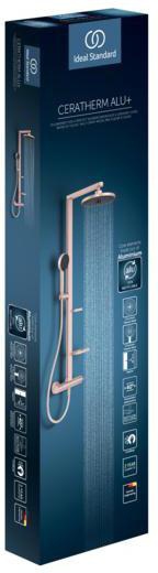 Ideal Standard Duschsystem Ceratherm Alu+ mit Thermostat, Kopf- und Handbrause, 2 Ablagen, Silber