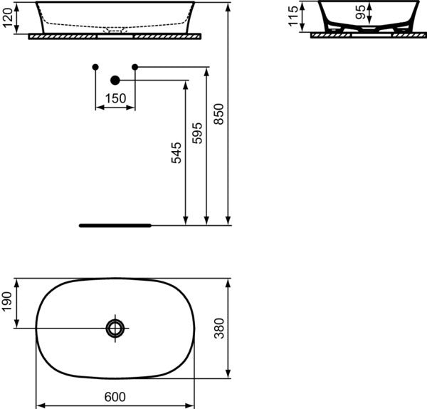 Ideal Standard Ipalyss Aufsatzschale 600x380mm Weiß ohne Hahnloch und Überlauf