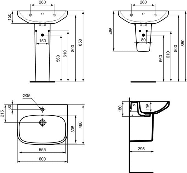 Ideal Standard i.life A Waschtisch 600x480x150mm Weiß – 1 Hahnloch, mit Überlauf, wandhängend