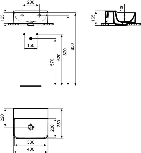 Ideal Standard Handwaschbecken Conca 400x350x145 mm Weiß – ohne Hahnloch und Überlauf