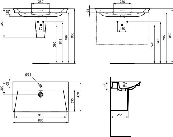 Ideal Standard Möbelwaschtisch La Dolce Vita 860 mm, 1 Hahnloch, mit Überlauf, Weiß