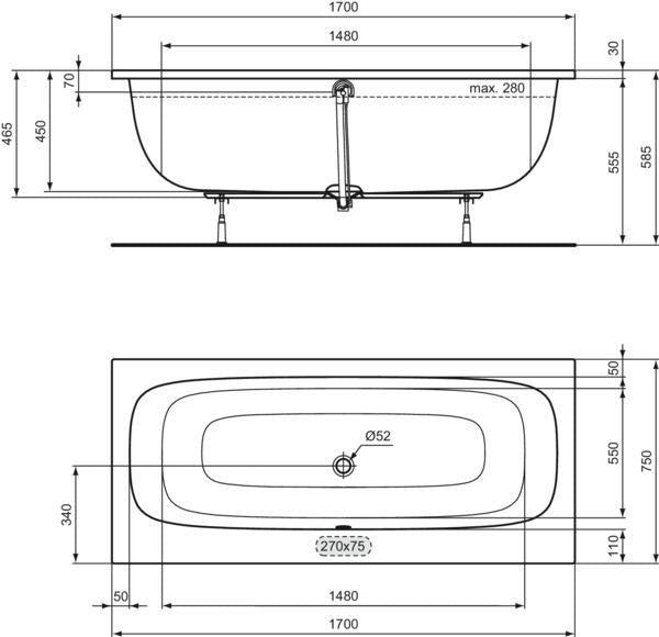 Ideal Standard i.life Duo-Badewanne 1900x900x450 mm Weiß – 2-Sitzer mit Mittelablauf