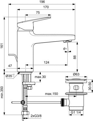 Ideal Standard Ceraplan Waschtischarmatur H90 mit Ablaufgarnitur, Ausladung 124 mm, Chrom