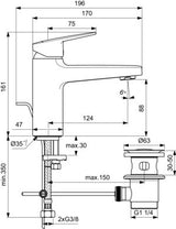 Ideal Standard Ceraplan Waschtischarmatur H90 mit Ablaufgarnitur, Ausladung 124 mm, Chrom