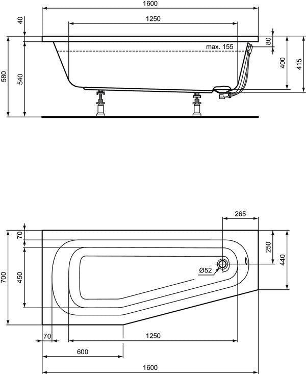 Ideal Standard Raumspar-Badewanne Hotline Neu 1600x700mm asymmetrisch rechts Weiß