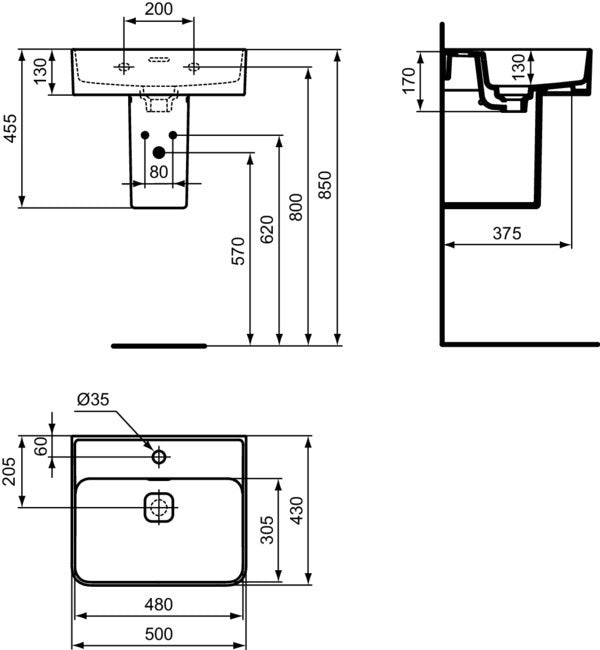 Ideal Standard Waschtisch Strada II 500x430x170 mm, 1 Hahnloch, mit Überlauf, Weiß
